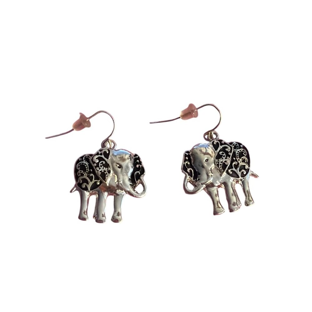 Silver Tone Black Enamel Elephant Dangle Earrings Hooks Trunk Up 1.5" 9.55g